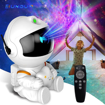 Astronaut standing beside a futuristic projector, ready for a space presentation